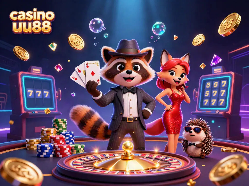 Experience thrilling wins at casino uu88 with a charming raccoon and friends in a vibrant 3D casino.