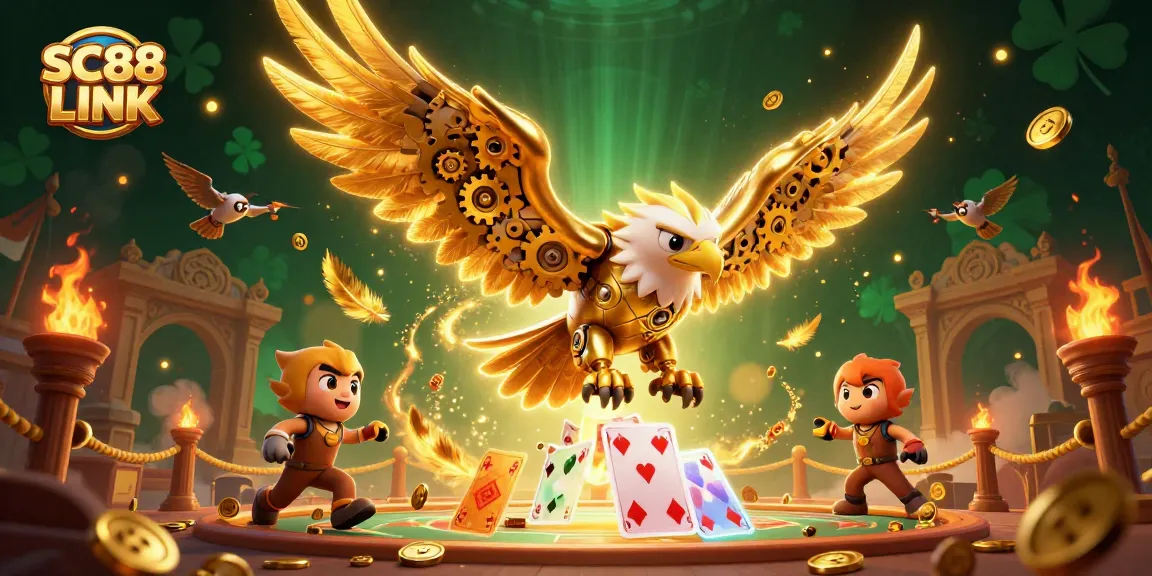 Dive into excitement with SC88 LINK featuring a cybernetic eagle and holographic cards in a vibrant casino atmosphere.