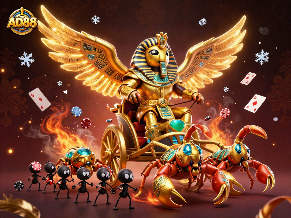 Engage with AD88's thrilling poker scene featuring a golden scarab beetle and poker elements.