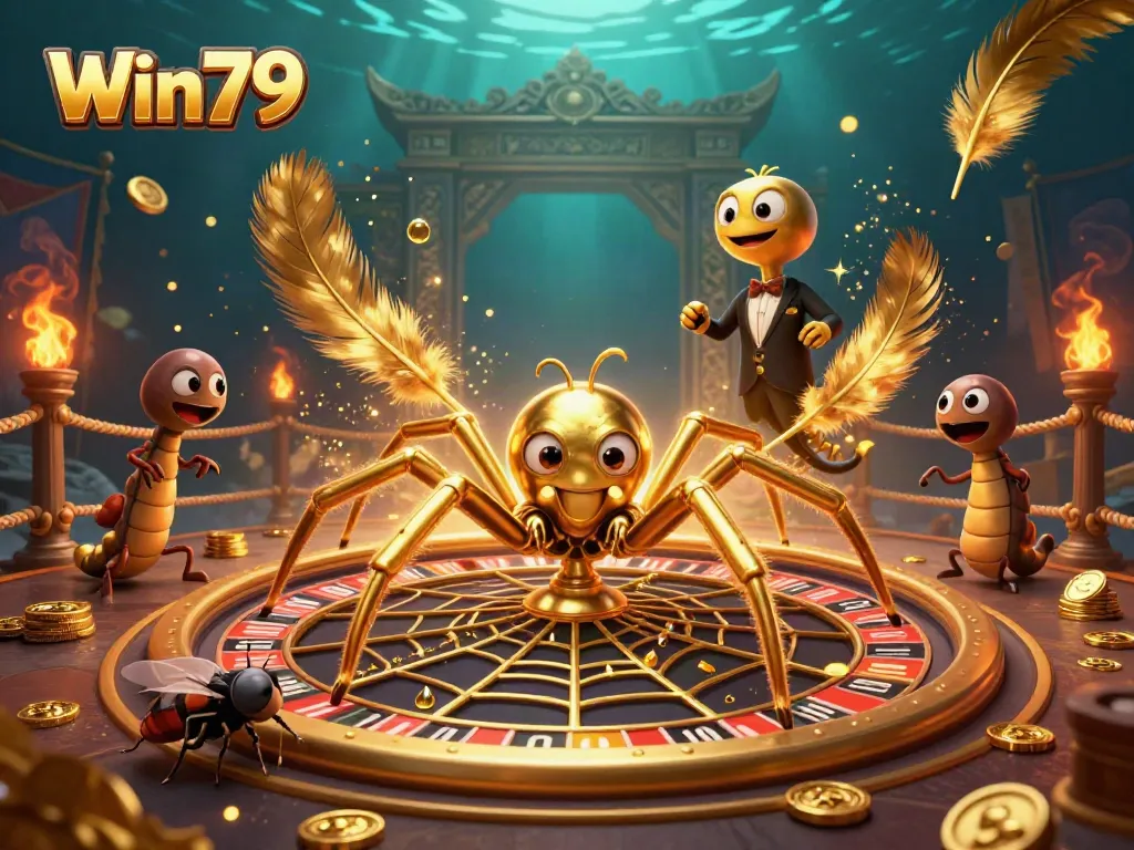Experience thrilling bets at Win79's vibrant casino, featuring a roulette-themed scene with colorful game elements.