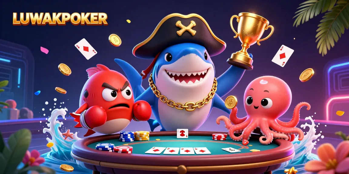 LUWAKPOKER showcases exciting poker gameplay with a 3D pirate shark, pufferfish, and octopus.