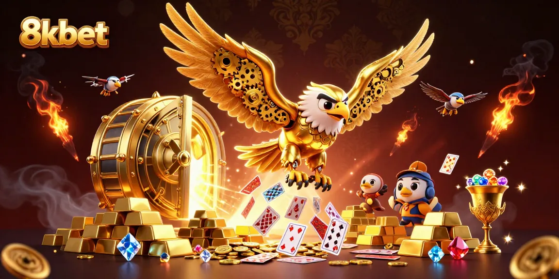 Experience the thrill of 8kbet with a golden eagle soaring through casino treasures and holographic cards.