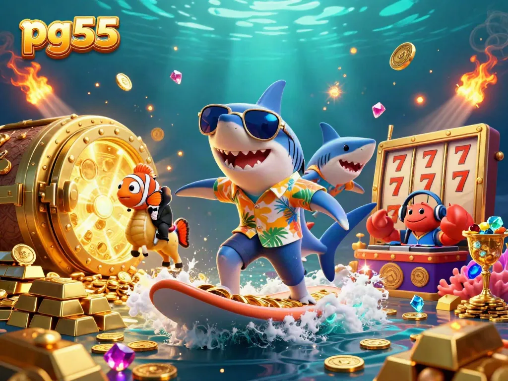 Engaging 3D illustration portraying pg55 casino theme with vibrant characters and golden elements.
