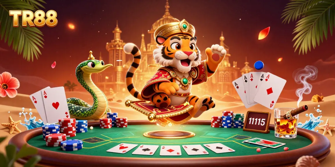 Experience TR88's vibrant 3D casino scene with a tiger sultan and dynamic poker action.