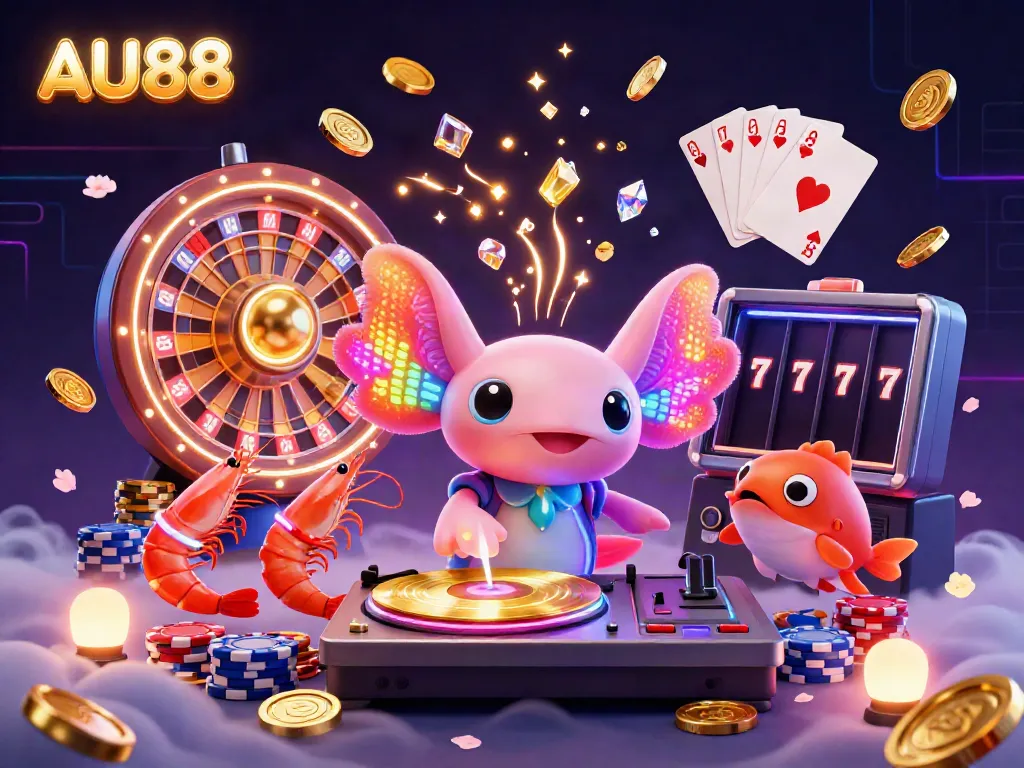 Experience the excitement at AU88 with a vibrant 3D illustration of a neon axolotl DJ and dynamic casino elements.
