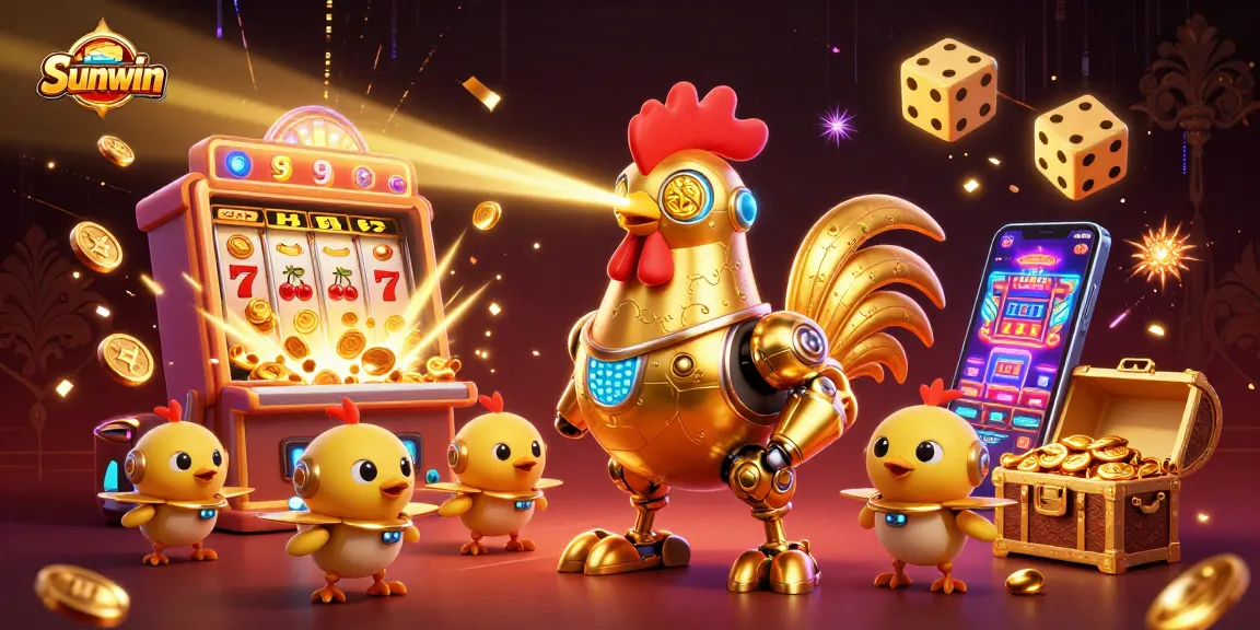 Engage in thrilling gameplay on Sunwin, featuring a golden rooster robot and baby chick drones amidst a jackpot explosion.