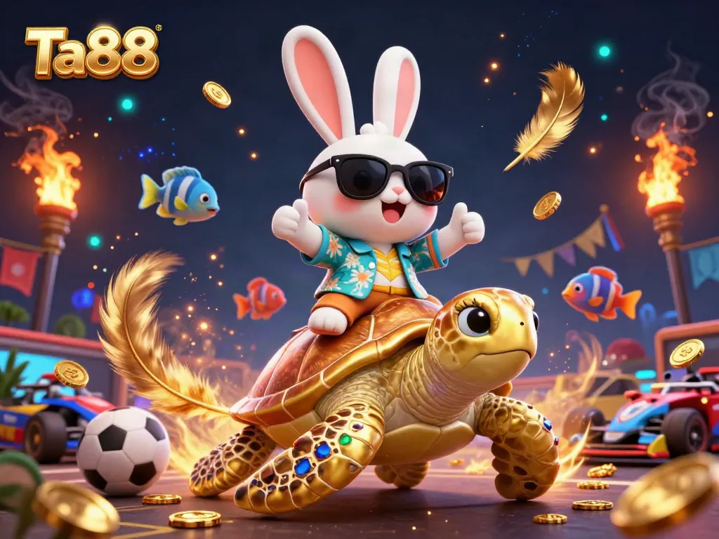 Experience the thrill of sports betting with Ta88's vibrant illustration featuring a lucky rabbit and golden turtle.