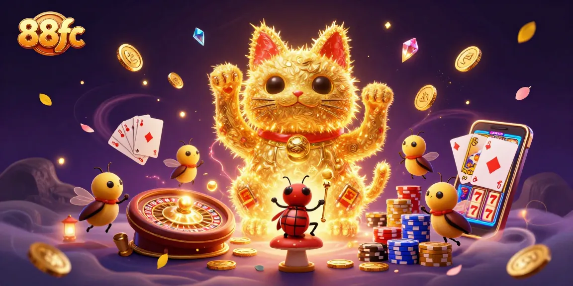 Experience thrilling luck at 88fc with a lucky cat surrounded by vibrant casino symbols and cheering elements.