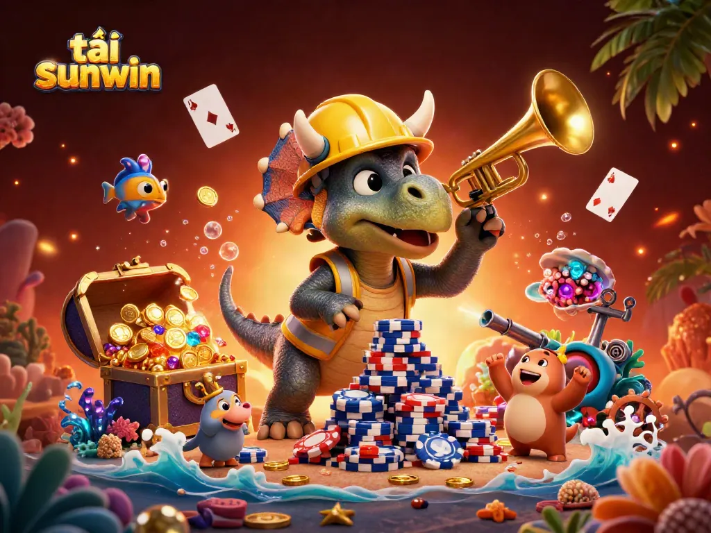 Experience the thrill of tải sunwin with a dynamic 3D casino illustration featuring vibrant characters and games.