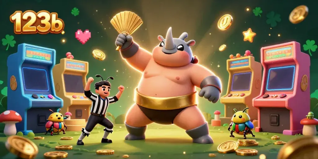 Watch the 123b sumo beetle champion triumphantly stomp as golden coins scatter in a vibrant casino scene.