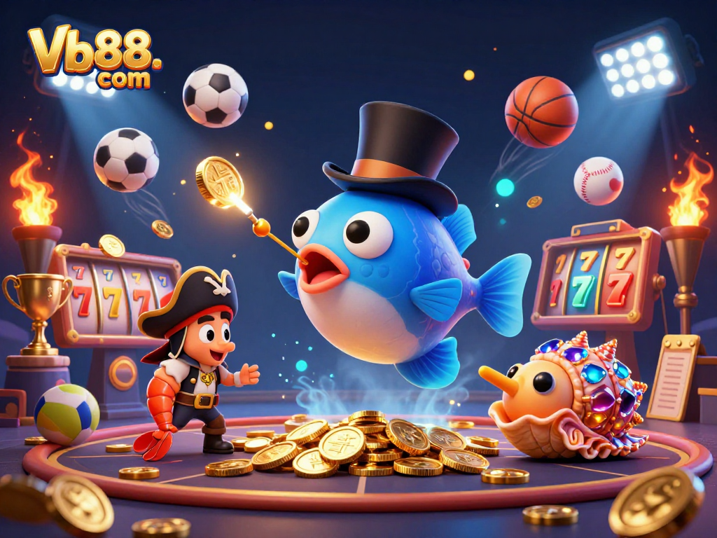 Experience the vibrant world of Vb88. com with dynamic gambling elements featuring an anglerfish and treasures.