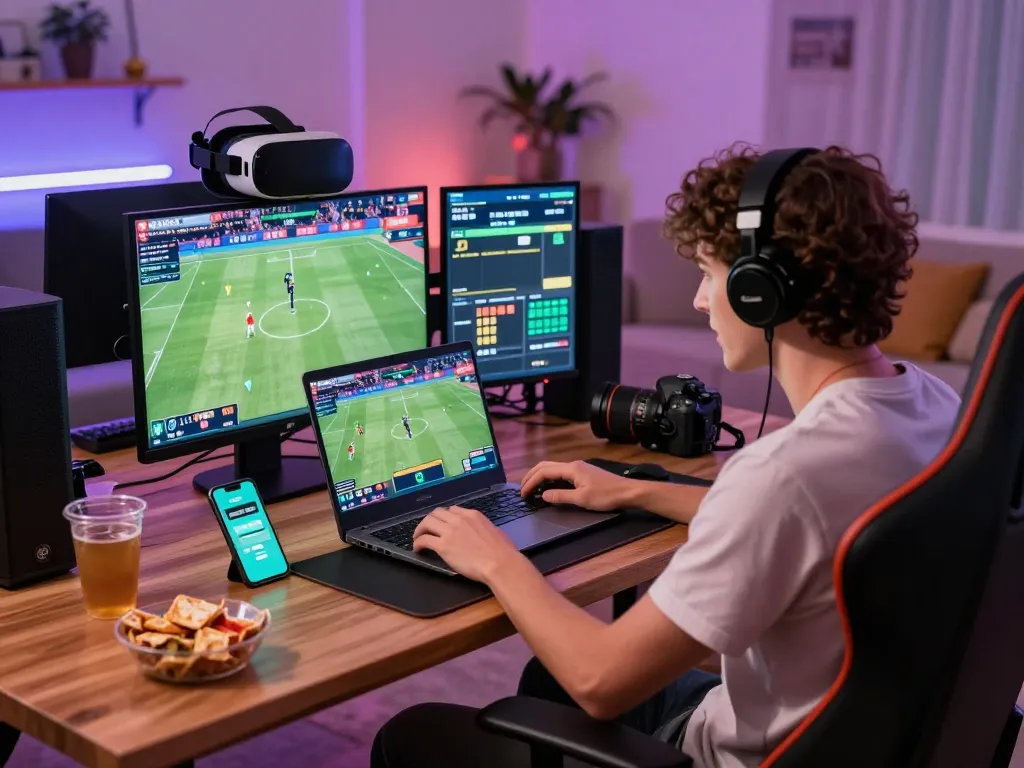 Engaged bettor using MM88 on laptop in a lively home environment with streaming sports events.