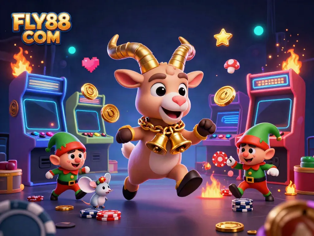 Experience thrilling fun at FLY88 COM with cartoon characters in a vibrant casino scene filled with gaming elements.