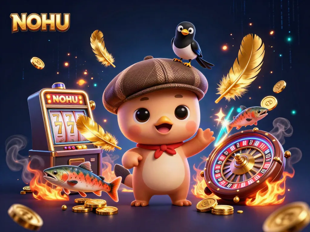 Engage in thrilling gaming at NOHU with rich visuals of slots, coins, and charming characters.