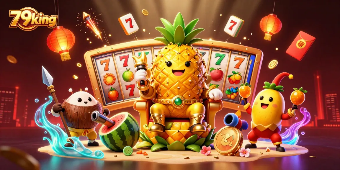 Win big with 79king's vibrant casino scene featuring a golden pineapple king and dynamic slot games.