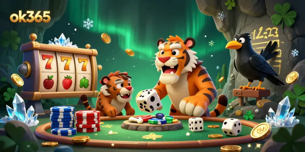 Experience thrilling wins at ok365 with this exciting prehistoric casino scene featuring fun characters and slot elements.