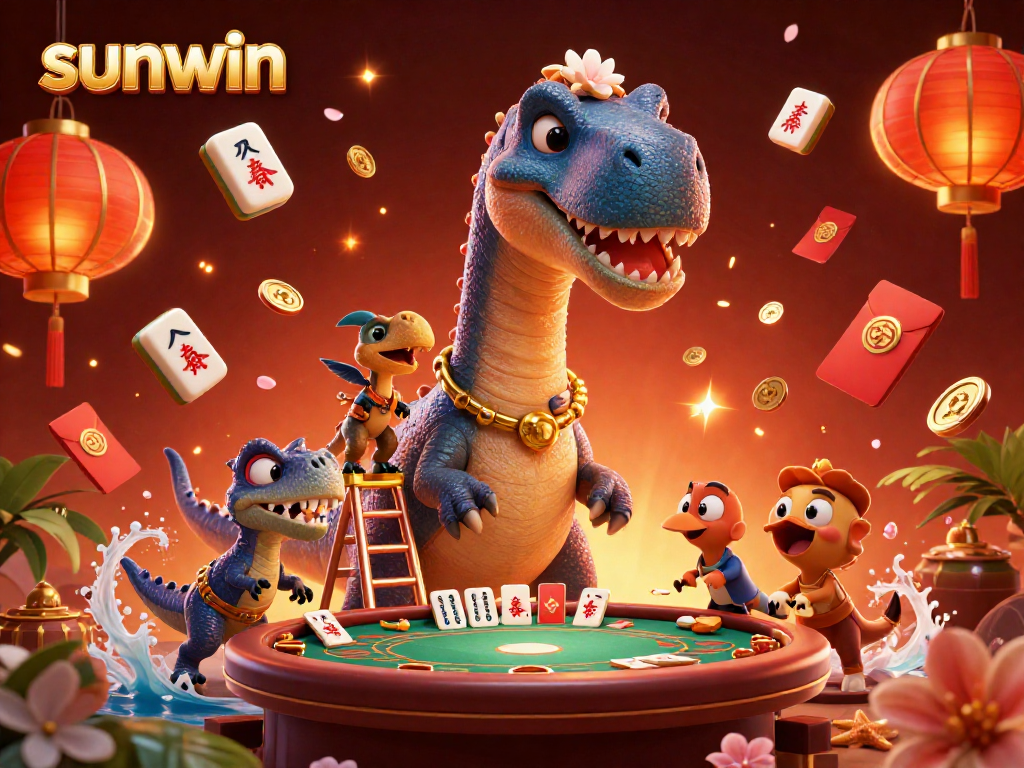 Engage in thrilling poker action with sunwin's vibrant dinosaur-themed casino scene.