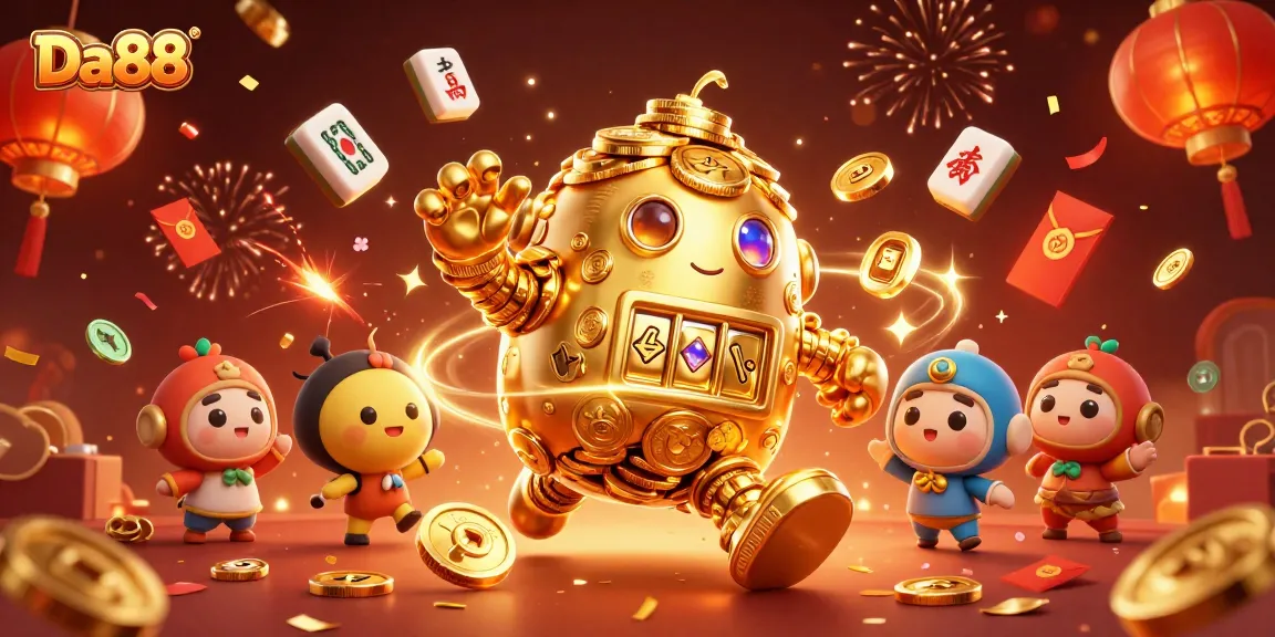 Experience exhilarating thrills with Da88's golden golem amidst a vibrant casino atmosphere.