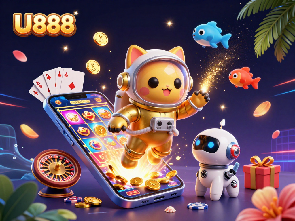 Join the excitement at U 888, where a space cat and robot dog play thrilling slot games amid glowing coins and cosmic wonders.
