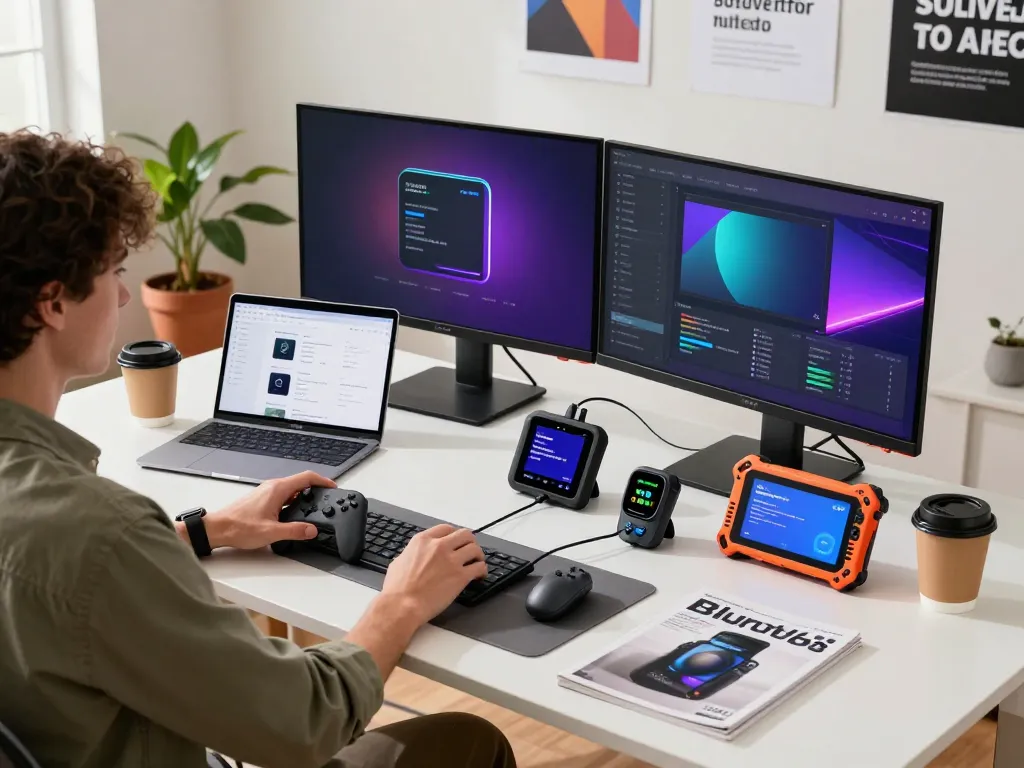 A person evaluating must have tech gadgets in a modern workspace, showcasing devices like controllers and wearables.