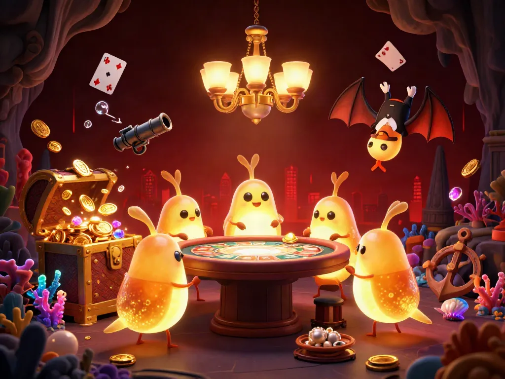 Experience Goaldaddy's vibrant gambling scene with illuminated glowworms and a bat dealer in a cave casino.