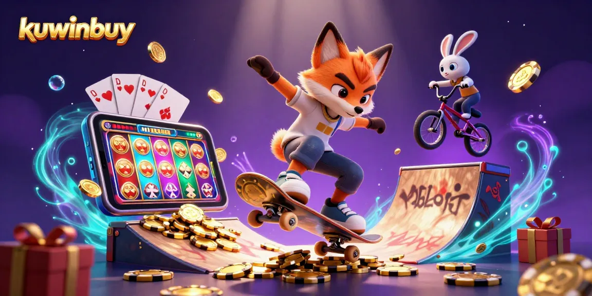 Kuwinbuy showcases a vibrant 3D scene with a skateboarder fox and BMX rabbit in a lively casino-themed adventure.