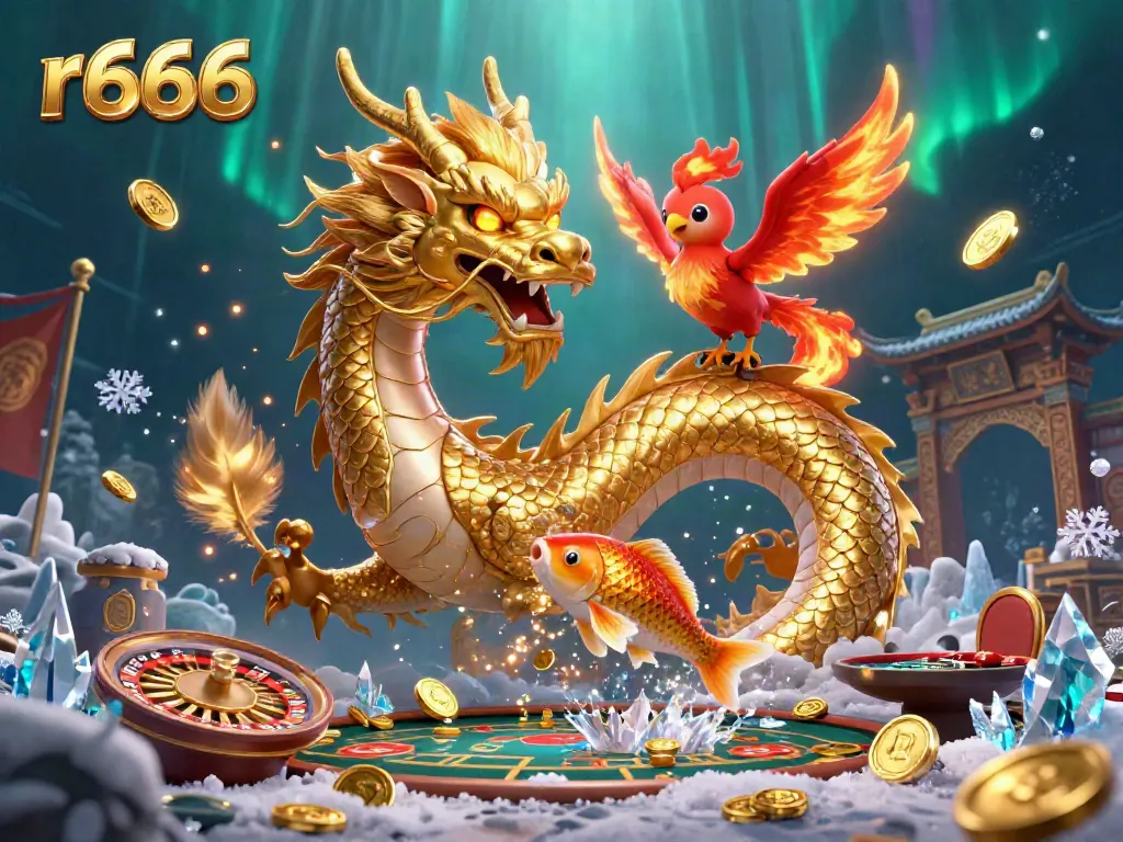 Experience the excitement of r666 with a golden dragon and phoenix amidst casino thrills.