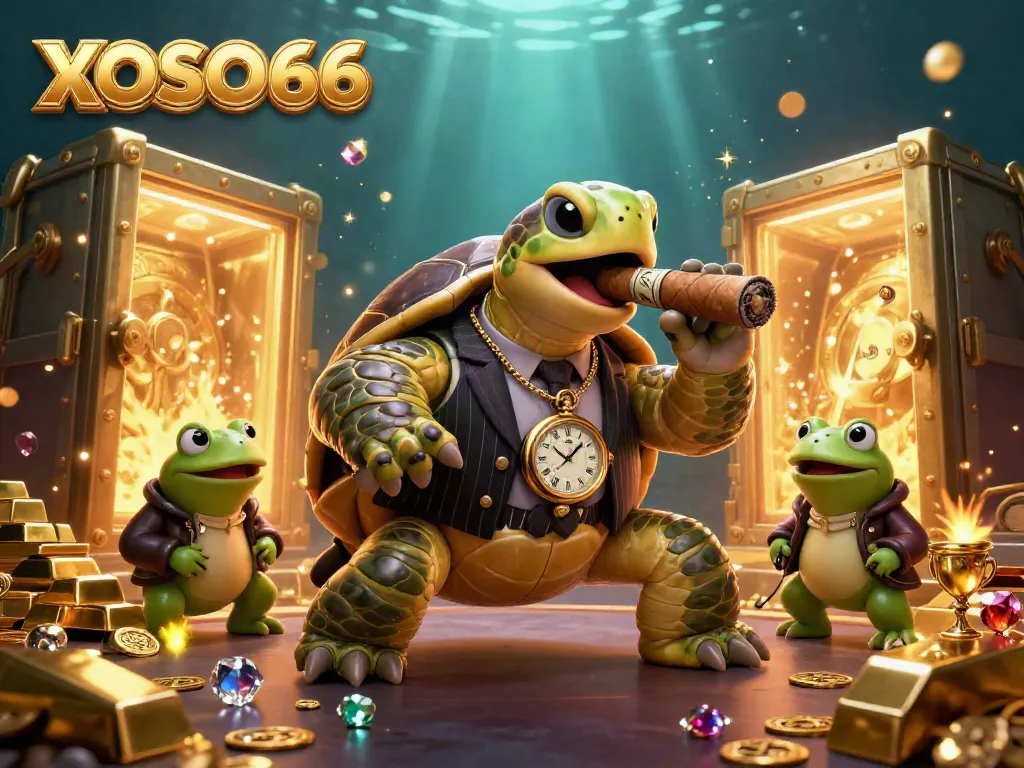 XOSO66 showcases a vibrant 3D scene with a snapping turtle mobster surrounded by gaming treasures.