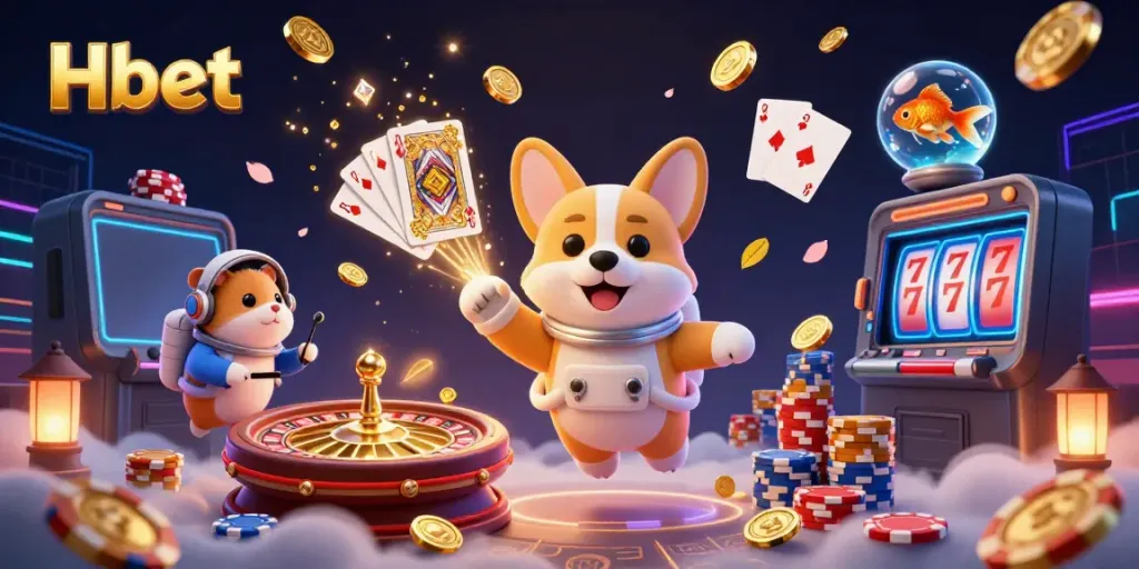 Play Hbet with exciting floating casino elements like poker chips and roulette wheels in space.