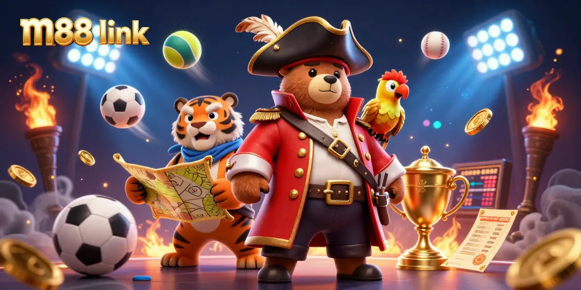 Join the excitement of betting with m88 link, featuring a pirate and tiger in a casino scene.