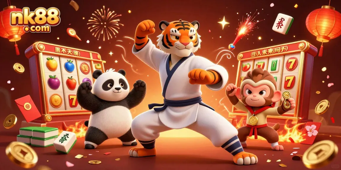 Experience the vibrant action at nk88 com with a dynamic casino scene featuring a kung fu tiger and joyful elements.