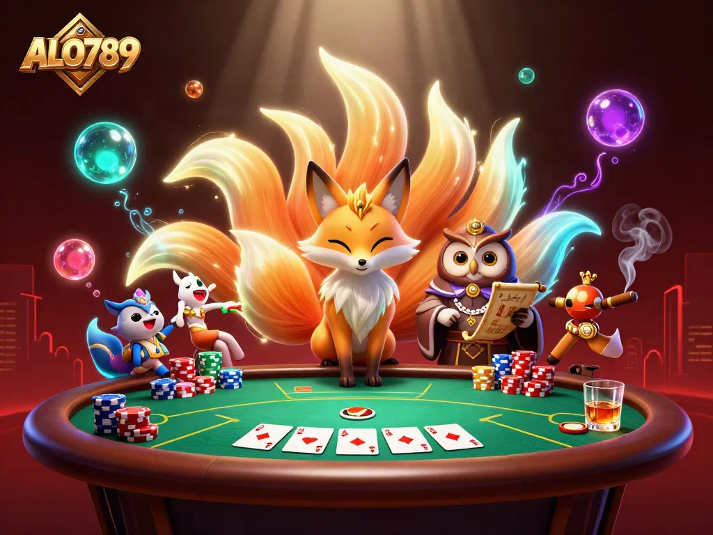 Experience the vibrant gaming world of ALO789 with a colorful nine-tailed fox and poker action.