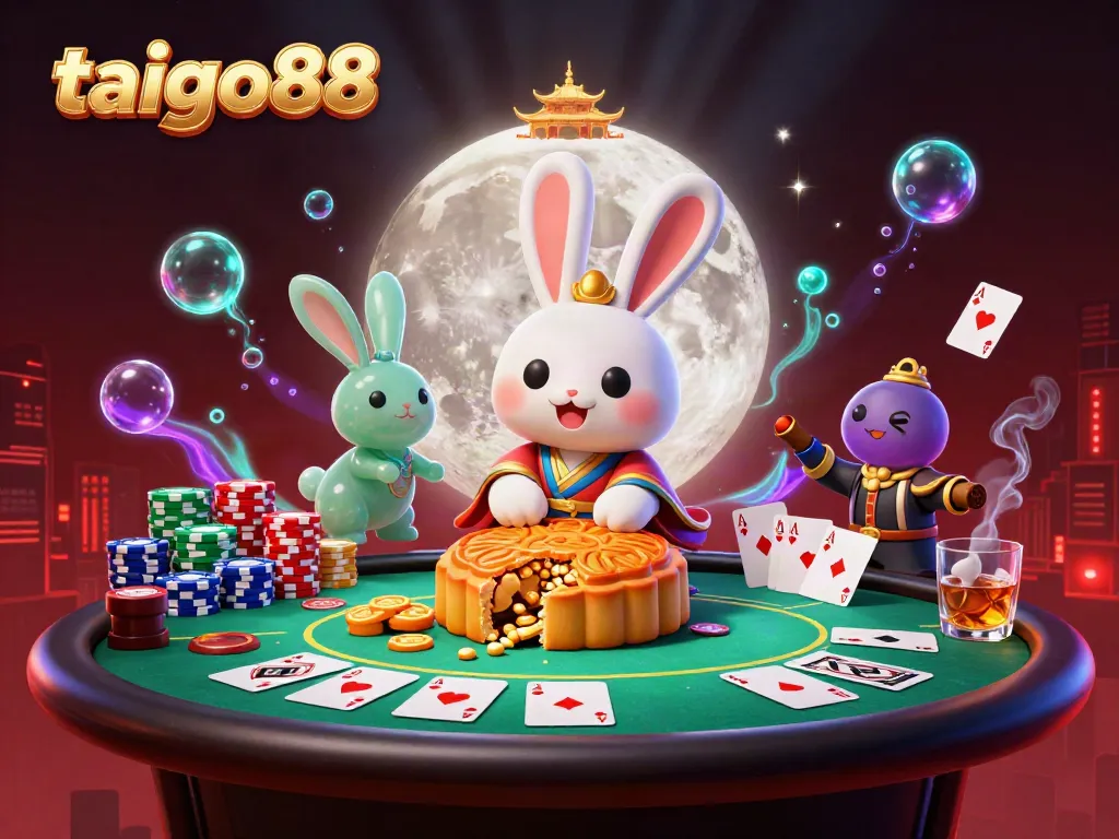 Experience the thrill of taigo88 as the moon rabbit creates luck with poker chips and casino elements in a vibrant 3D scene.
