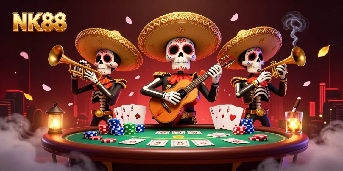 Play poker and win with NK88 in this vibrant and festive casino illustration.