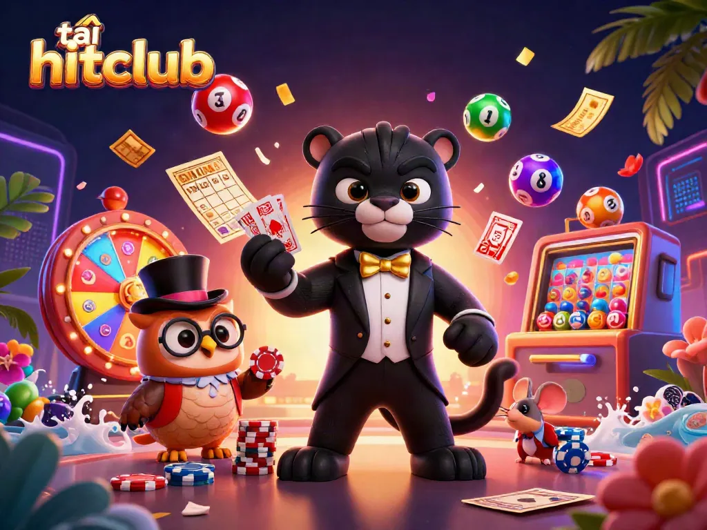 Engage in exciting gameplay with tải hitclub, as the stylish panther deals cards amidst vibrant casino elements and lively lottery balls.