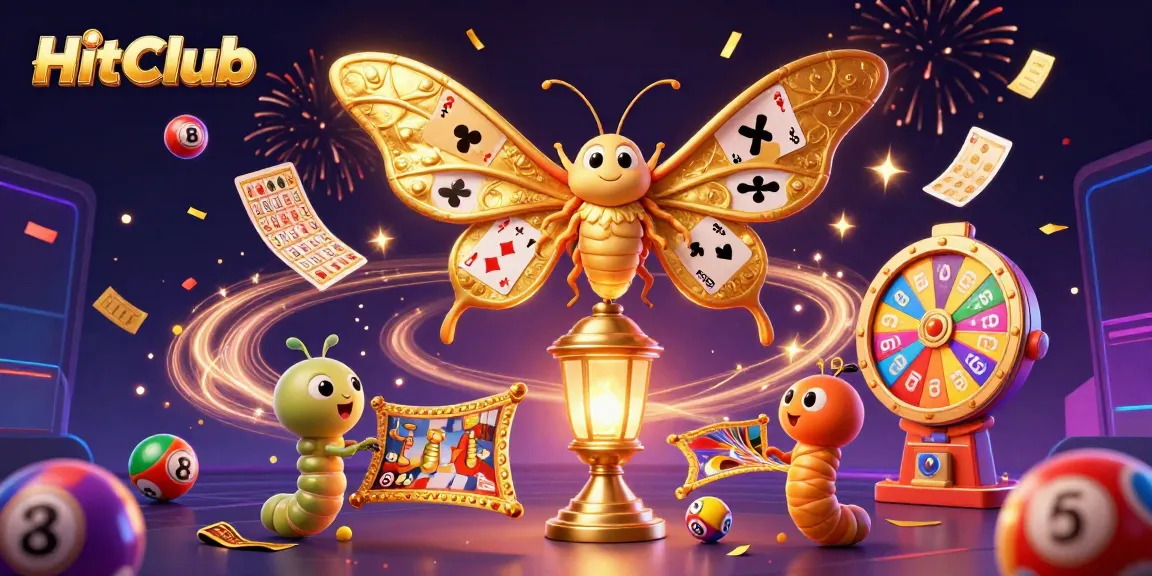 HitClub offers an exciting carnival atmosphere with colorful lottery elements and a majestic moth symbolizing luck.