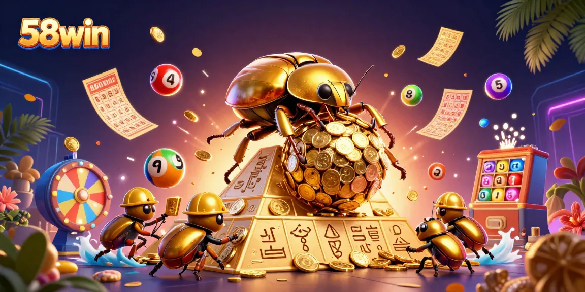 Engage in thrilling gaming at 58win, featuring dynamic golden beetles and vibrant casino elements.
