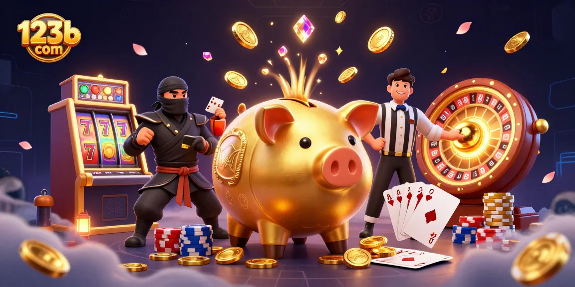 Engage with the thrilling world of 123b com featuring a sumo wrestler piggy bank amidst dazzling casino elements.