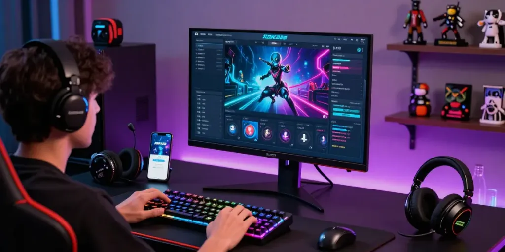 Exciting ROKOK88 login gaming setup showcasing a user engaged in vibrant online gaming.