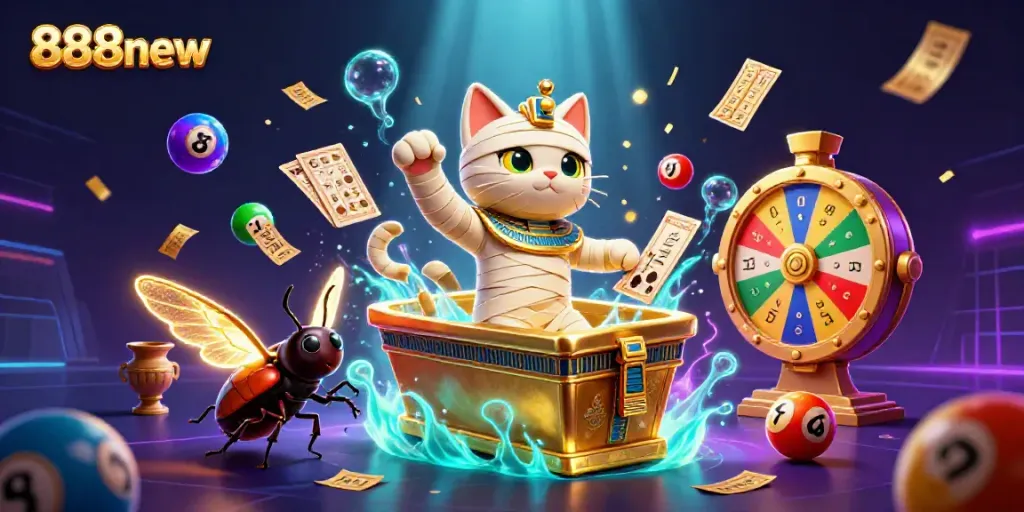 Engage with 888new's lively casino scene featuring a mummy cat and a scarab amid vibrant gaming elements.