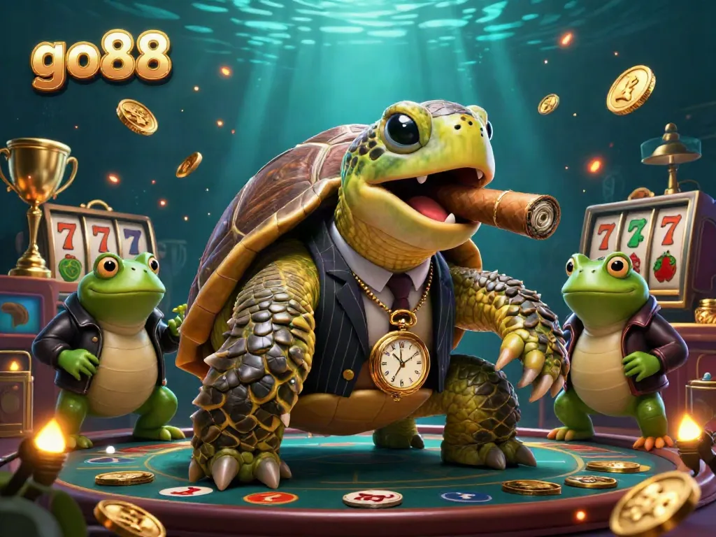 Experience exciting slot games with go88, featuring a mobster turtle and froggy enforcers in a vibrant casino scene.