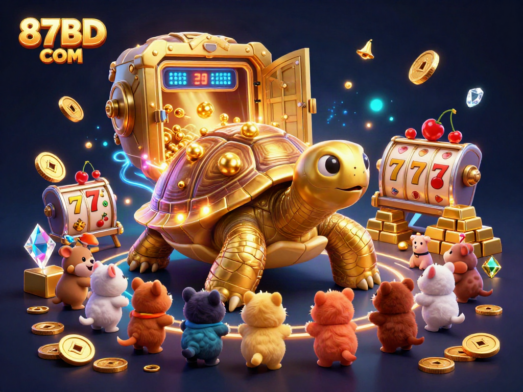 Experience the excitement of 87BD COM with vibrant gaming visuals showcasing a colossal tortoise and gold treasures.
