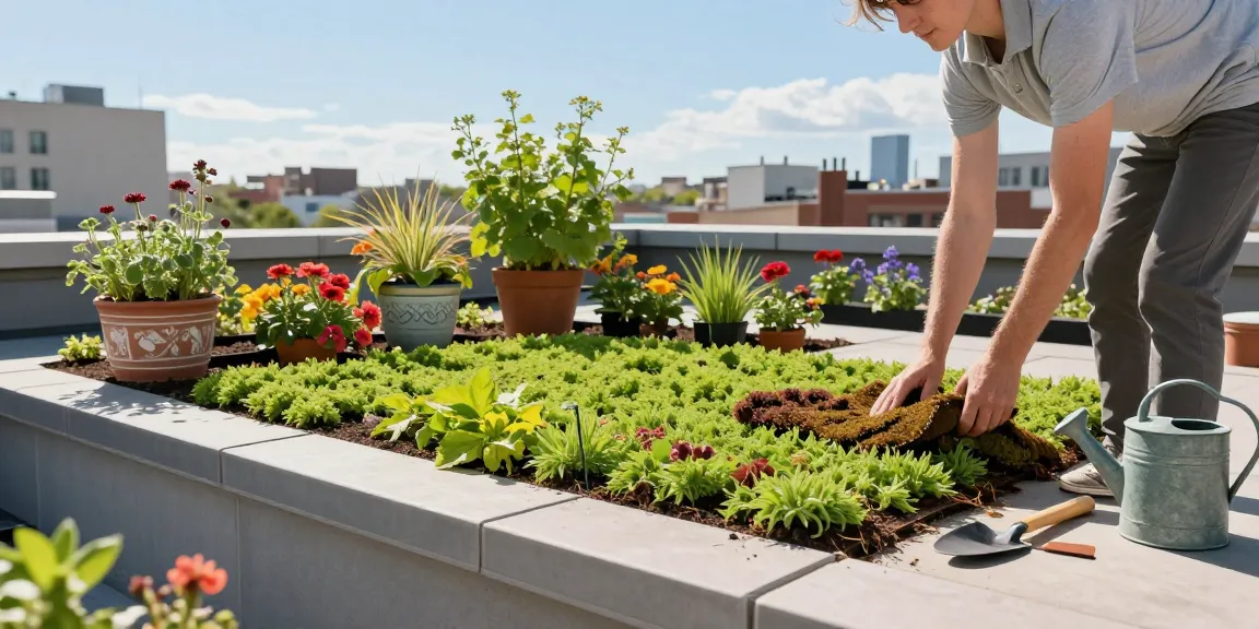 Levendige sedum groendakinstallatie op een stedelijk dak met een persoon die sedummatten aanbrengt, omringd door groen.