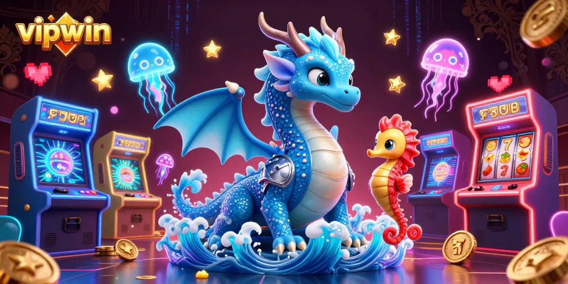 Engage in vibrant gaming fun at vipwin with a 3D dragon, knight, and neon elements.