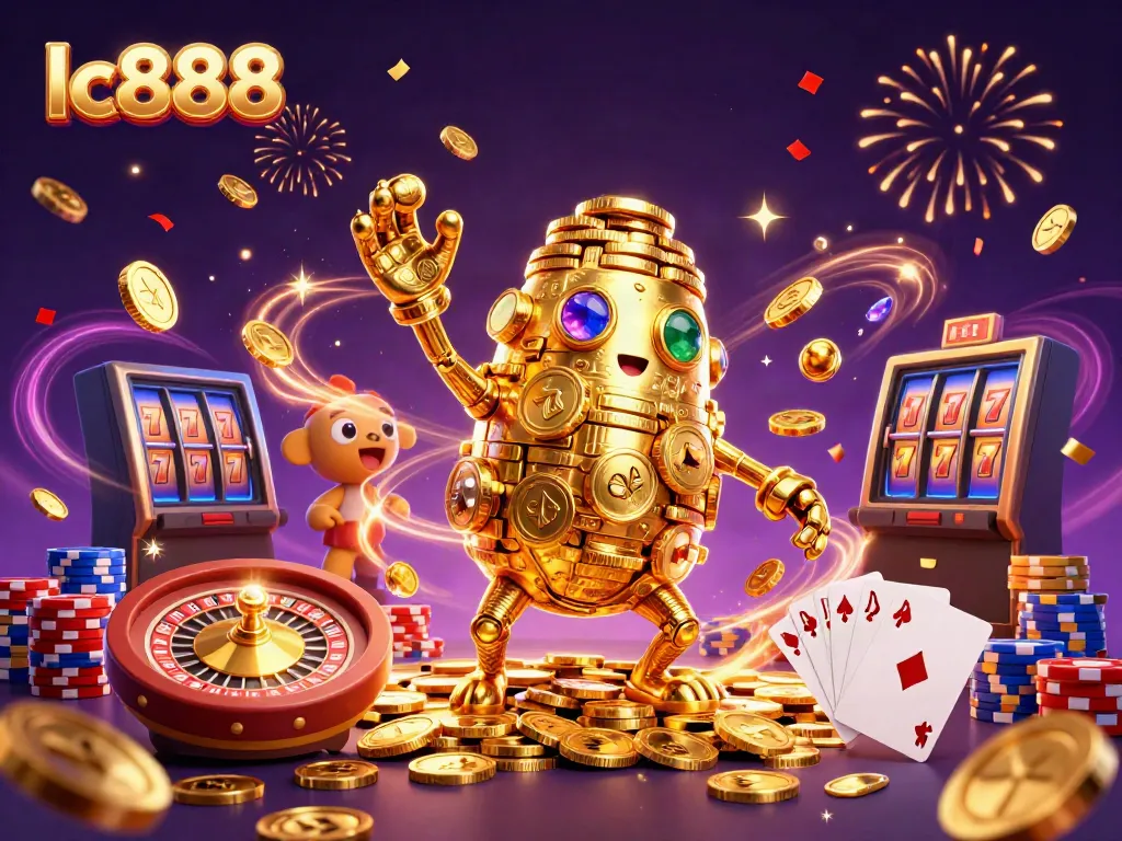 Engage with the thrill of lc888's vibrant online casino scene featuring a golden golem amidst shimmering game elements.