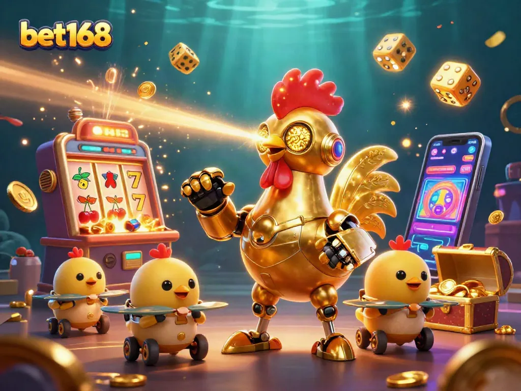 Bet168 gaming celebration with a golden rooster robot and treasure chests full of coins.