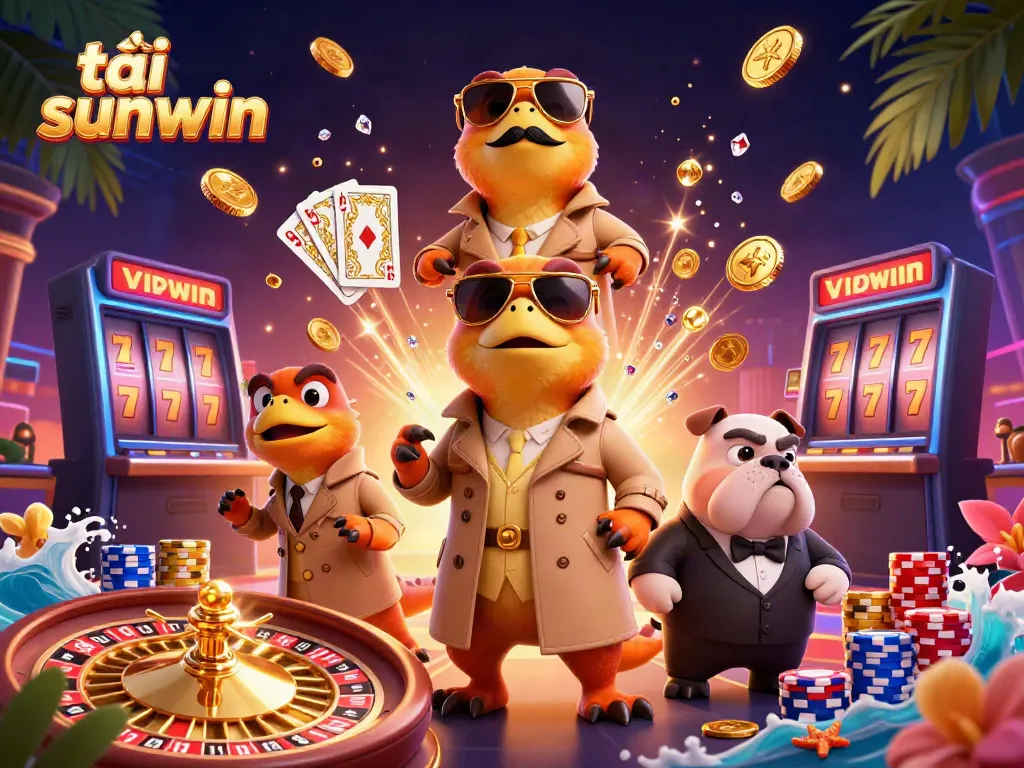 Experience the thrill of tải sunwin with three cartoon raptors in disguise attempting to enter a VIP casino, surrounded by dynamic casino elements.