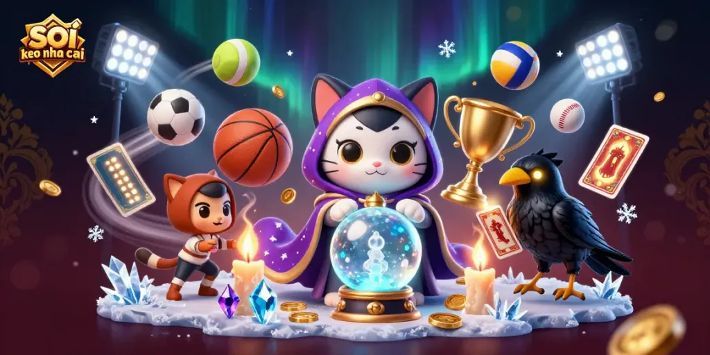 Soi keo nha cai illustration featuring mystical characters and dynamic sports elements, engaging in betting action.