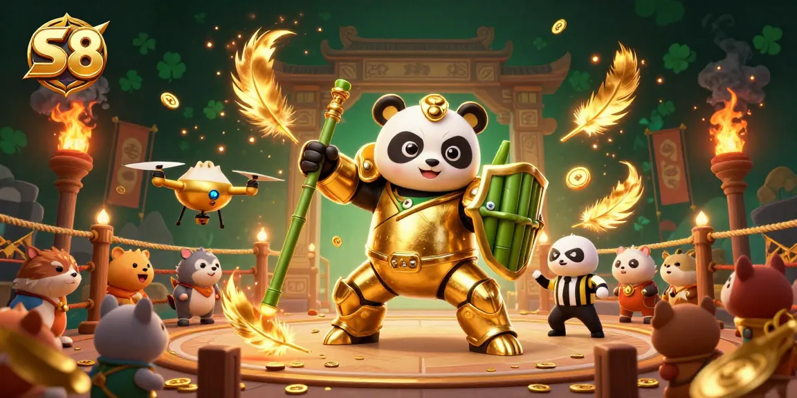 S8 offers high-stakes gaming excitement in a vibrant 3D illustration with a golden panda and unique elements.