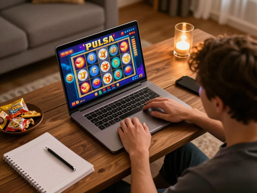 Engaging online slot pulsa gaming session showcasing vibrant game visuals and cozy atmosphere.